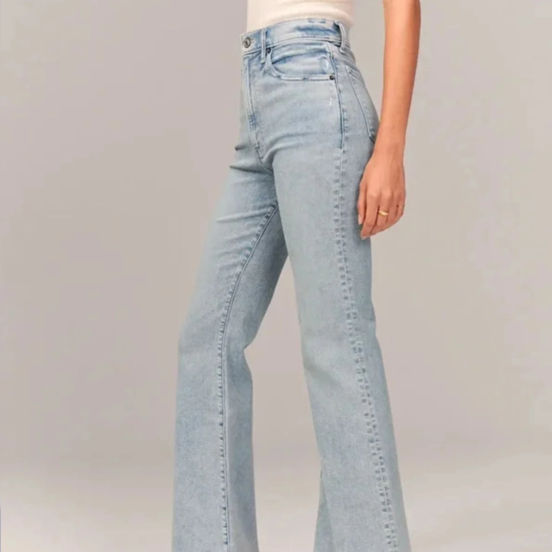 High Quality Plus Size Long Button Flare Jeans Pants Women With Pockets