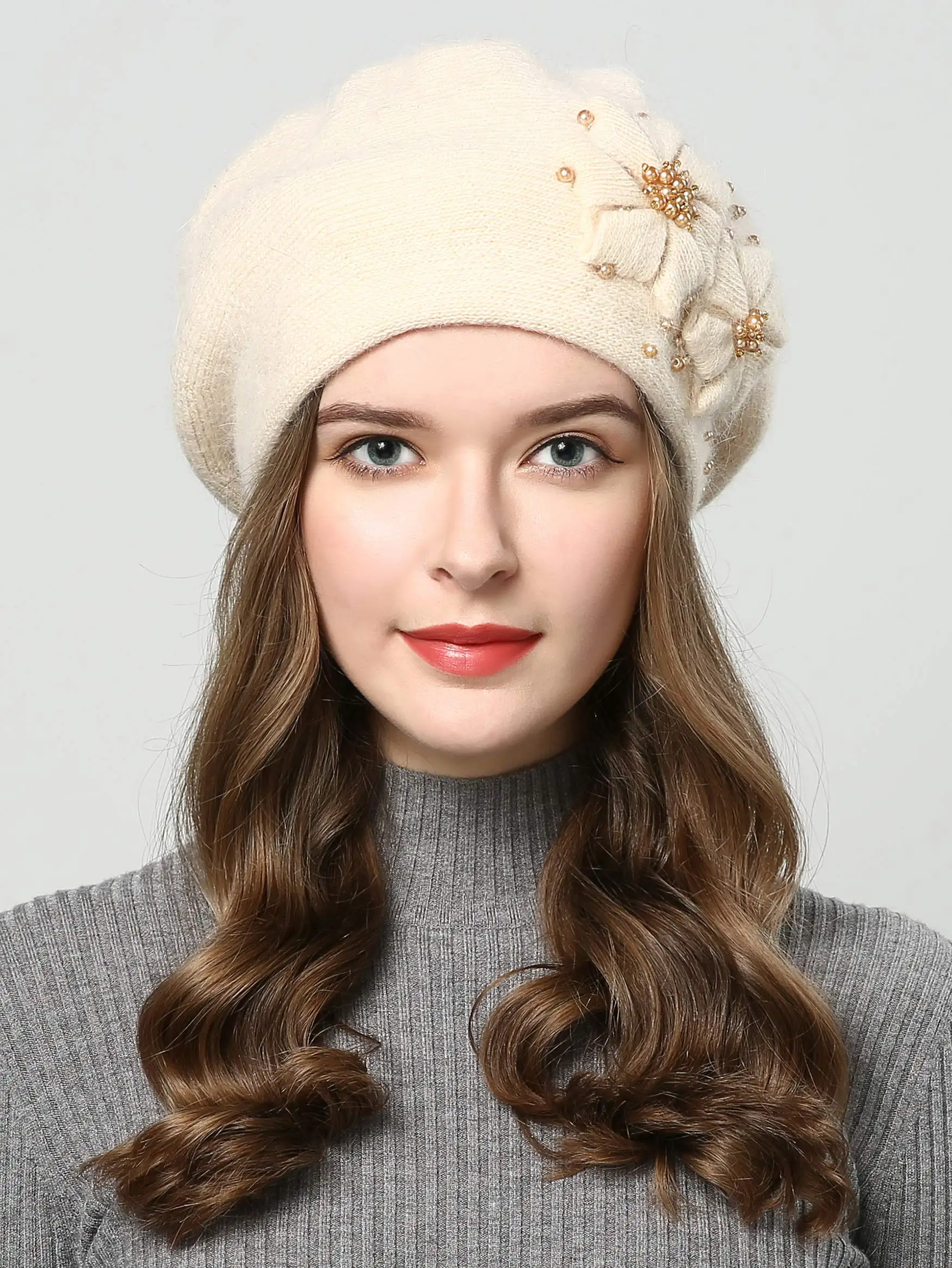 Winter Flowers Warm Earflap Female Hat Beanies Rabbit Fur Hat Gorros Bonnet Femme Berets Knit 8304