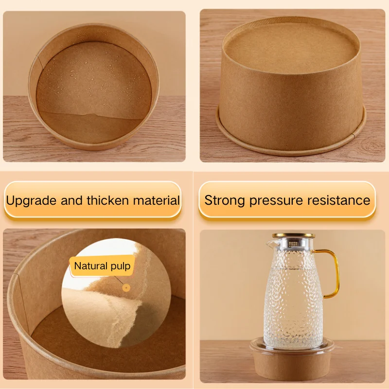 Biodegradable Custom Print Paper Lunch Bowl Factory Wholesale 500ml 750ml 1000ml 1100ml 1300ml Disposable Kraft Paper Round Bowl