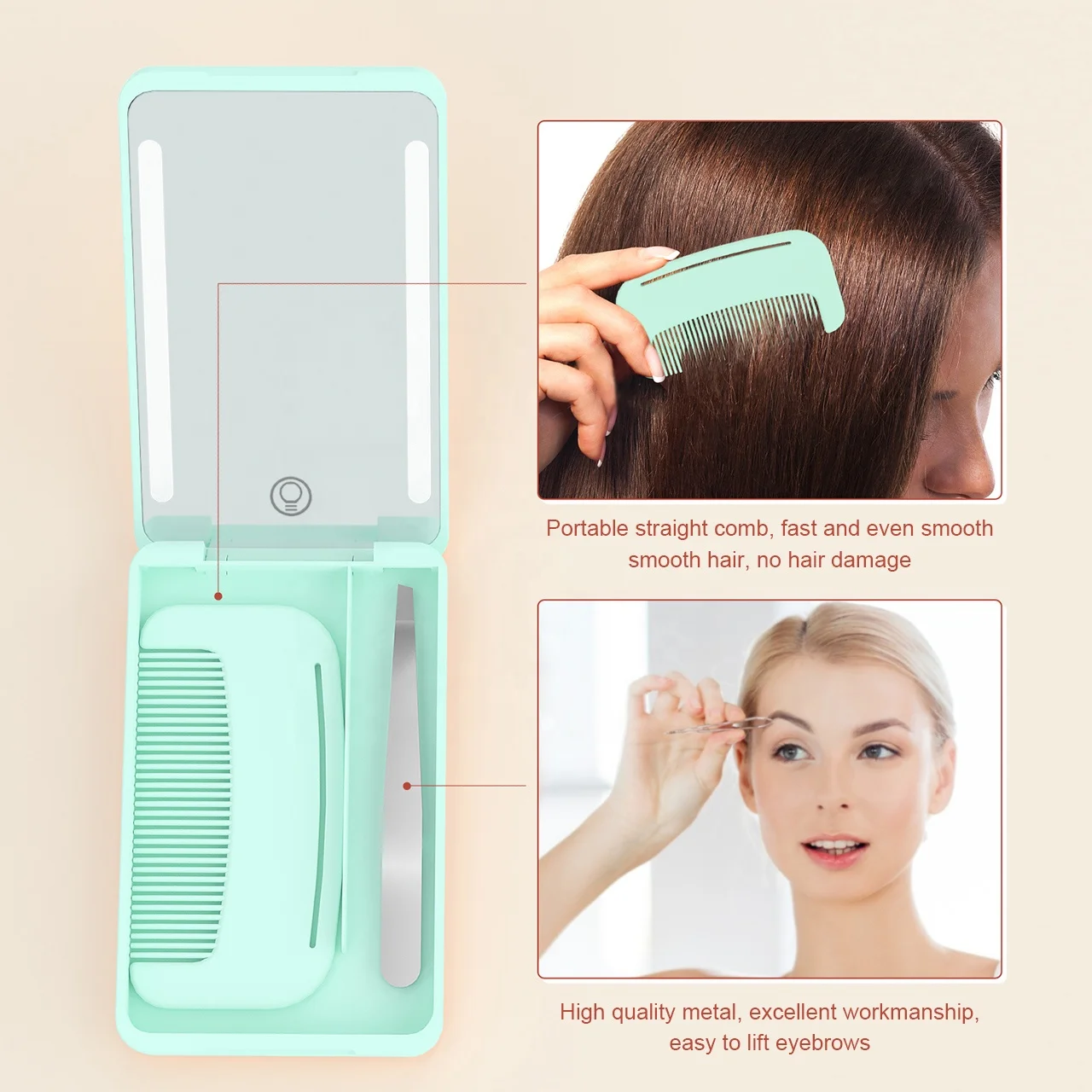 Logo Custom Portable Makeup Mirror With Hair Brush and Tweezer LED Rechargeable Makeup Mirror