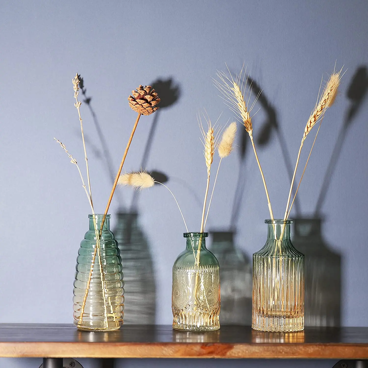 Colored Glass Bud Vase Set of 3 Vintage Embossed Small Flower Vase for Home Farmhouse Dining Table Party Decor
