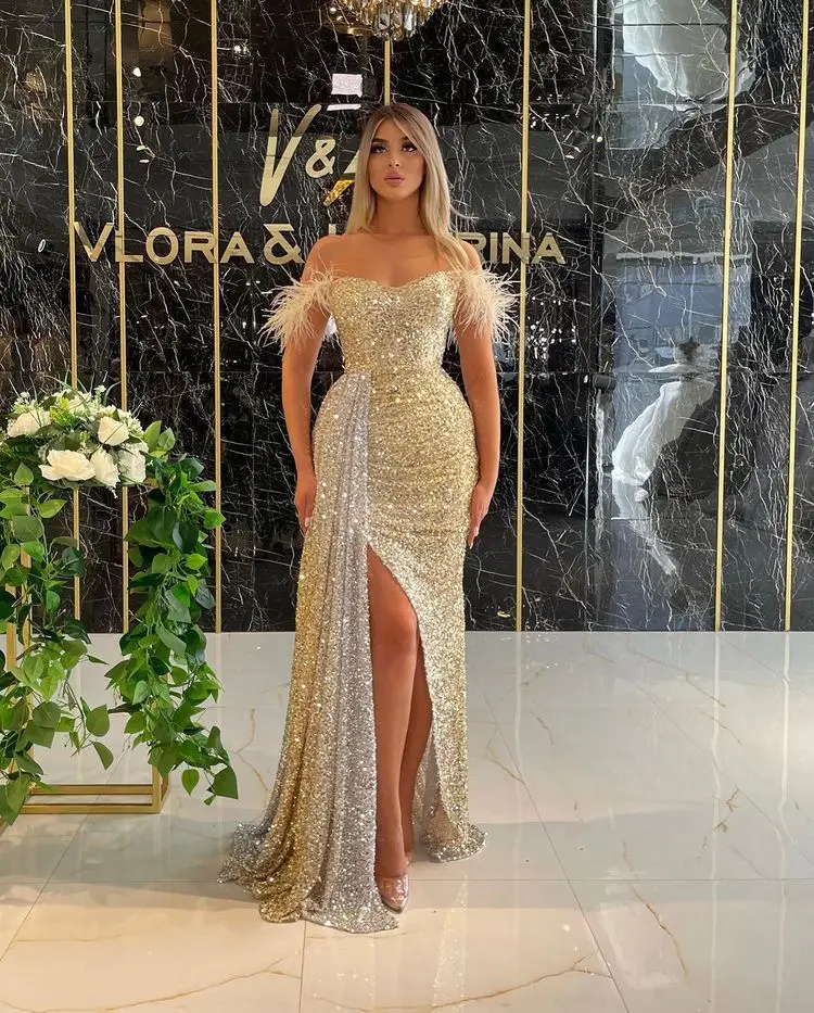 Big Sales Formal Party Long Casual Evening Dress With Split Bridesmaid Gold Color Gowns Dresses
