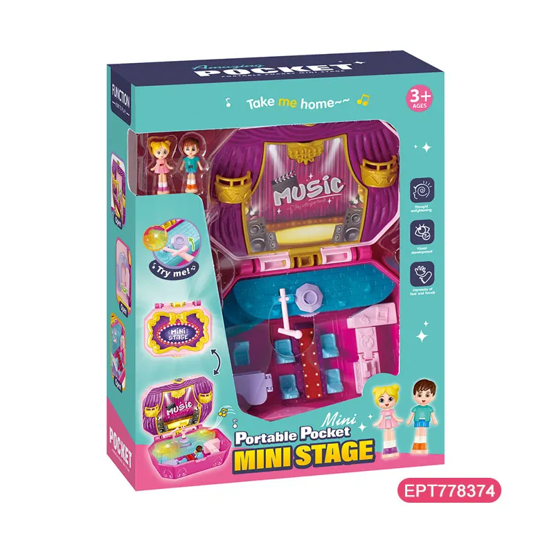EPT Mini Lighting and Music Small Stage Portable Pocket Minitures Pretend Play Magic Box Toy Polly Pockets Dolls House for Girls