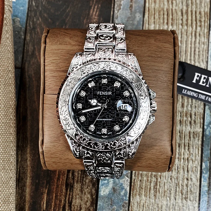 8428 Fashion Engrave Vintage Business Men Watches Steel Luxury Sculpture  Wrist Watch