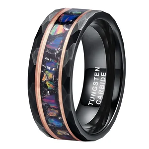 Coolstyle Jewelry 8mm Hammered Black Tungsten Ring for Men Women Real Meteorite Chip & Opal Inlay Engagement Wedding Band