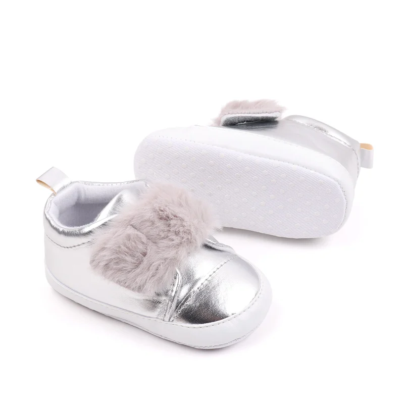 Bright PU Leather Plush Hook and Loop Solid Color Baby Girls Cute Soft Soled Toddler Shoes factory