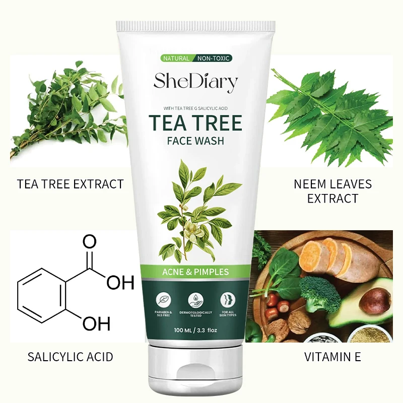 SheDiary Dry Skin Facial Cleanser Deep Tea Tree Face Wash with Acne Control Moisturizing Oil-Control and Anti-Acne Treatment