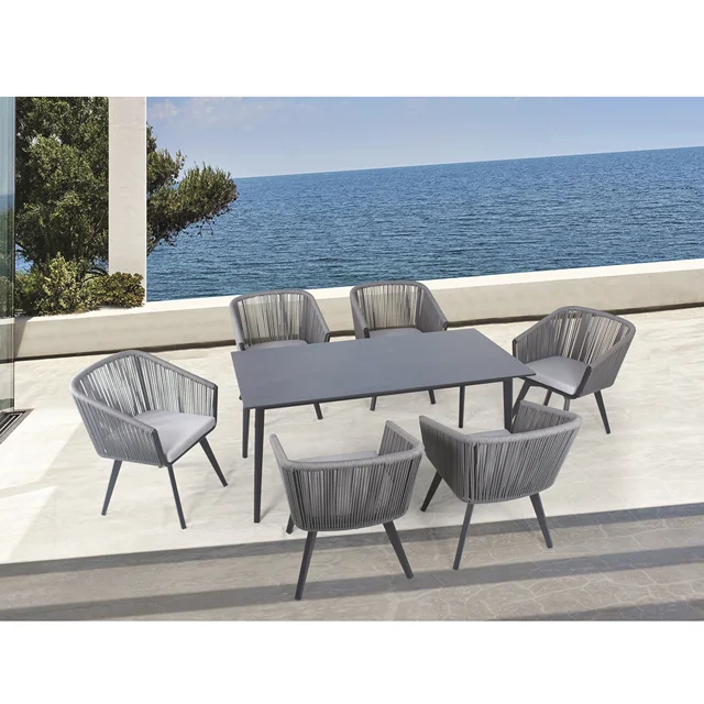 Modern 7 Pieces Outdoor Restaurant Patio Dinning Table And Rope Chairs Set Furniture