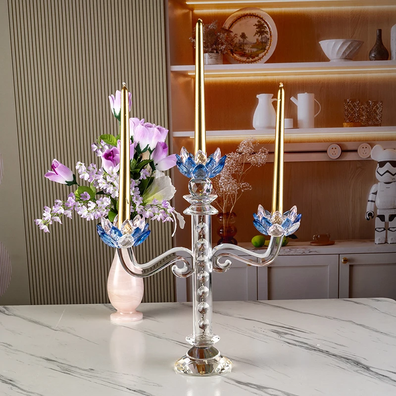 Glass Long Handle High-end Lotus Home Decoration Three Arm Glass Wedding Center Crystal Candlestick
