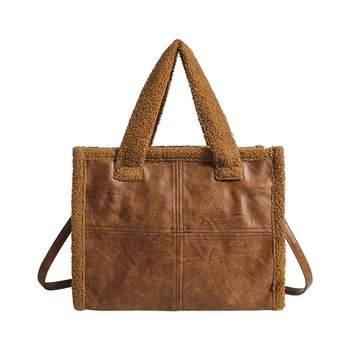 Women's vegan Leather everyday tote bag with corduroy sherpa details
