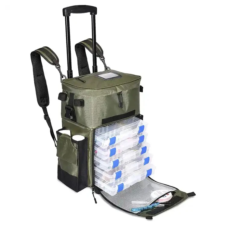 Custom Polyester Fishing Backpack With Wheels Tie Rod Box Mochila Fishing Tackle Storage Knapsack Outdoor Waterproof Backpack