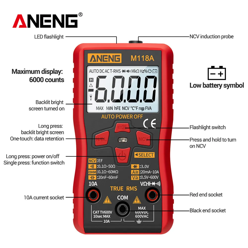M118A Mini Digital Multimeter with Waterproof NCV Low Battery Indicator for AC/DC Voltage & Current Measurements