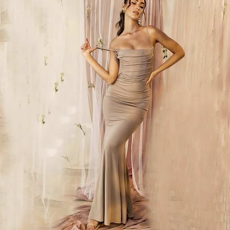 Party Sleeve Solid Color Party Culb SLIM Dress High Waist Suspender Ruffled Fold Maxi Dresses