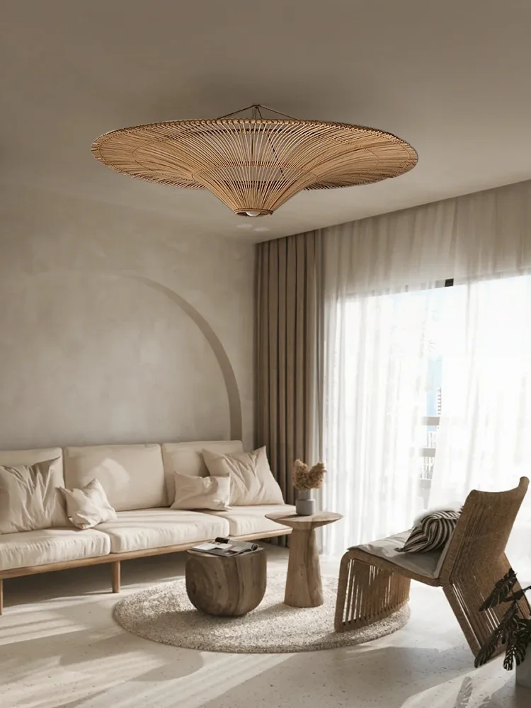 Minimalist Japanese Wabi Sabi Style Retro Rattan Art Ceiling Lamp Homestay Hotel,Southeast Asian Style Rattan Woven Lamp