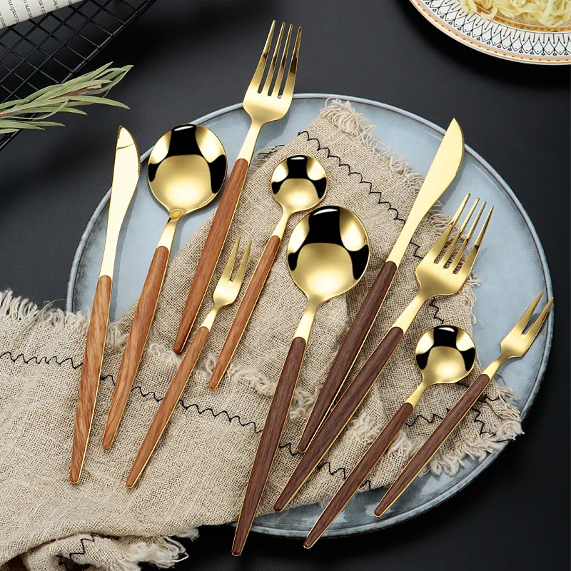 5pcs Custom Gold Utensils Spoon Fork Knife Flatware Metal Stainless Steel Gold Cutlery Set with Printed Wooden Handles