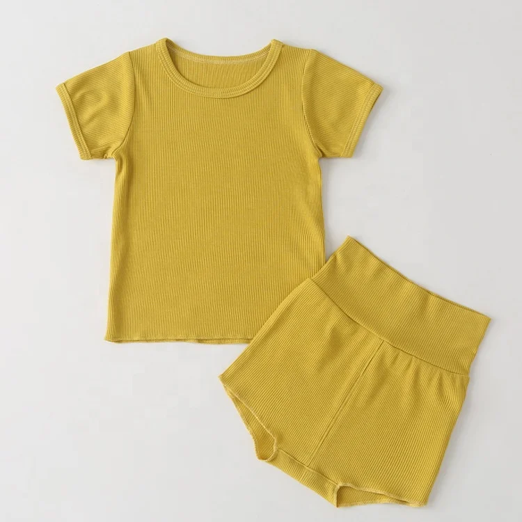 Искусственный шёлковый спандекс ребристая Трикотажная футболка с коротким рукавом и короткие штаны с высокой талией в стиле унисекс для маленьких, детская одежда