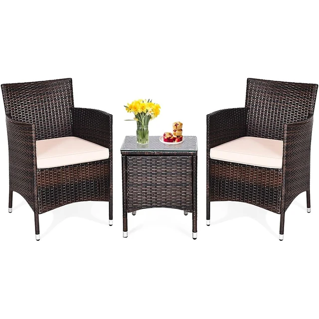Homecome Modern Style 3-Piece Rattan Wicker Table and Chair Bistro Set Patio Conversation Garden Outdoor Furniture