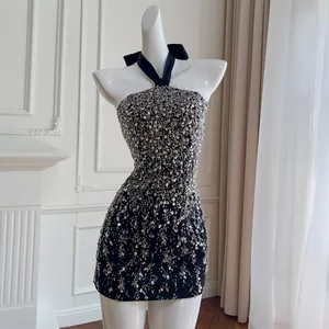 Sexy Spaghetti Strap Crystal Diamonds Beading Black Short Bandage Elegant Evening Wholesale Party Women Dress Manufacturer