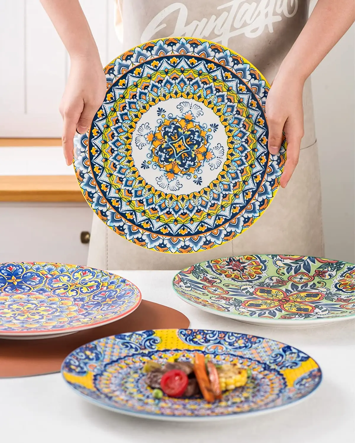 Set of 6 Bohemian Ceramic Stoneware Dinner Plates Colorful Charger Porcelain Tableware for Food & Home Use details