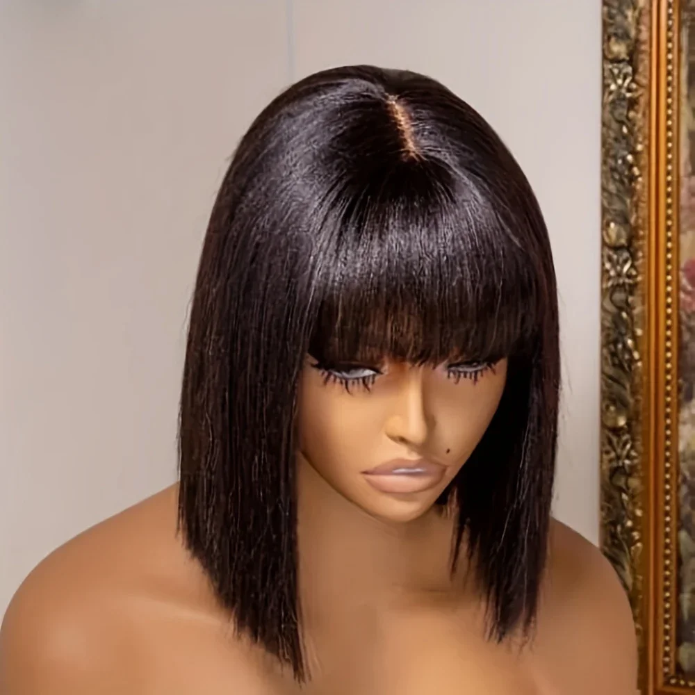 3x1 Middendeel Kant Korte Bob Pruik Met Pony Fringe Recht Menselijk Haar 100% Pruiken_voghion.com