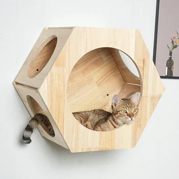 Hot sale wood real Custom rubber wood timber cats wood tree cat hammock wall cat furniture for climbing wall shelves