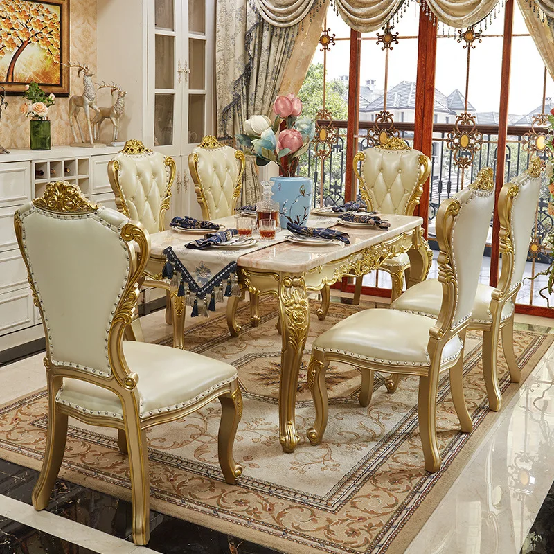 Luxury Gold Solid Wood Carved Dining Table Set with Marble Top & Chairs for Restaurants and ...