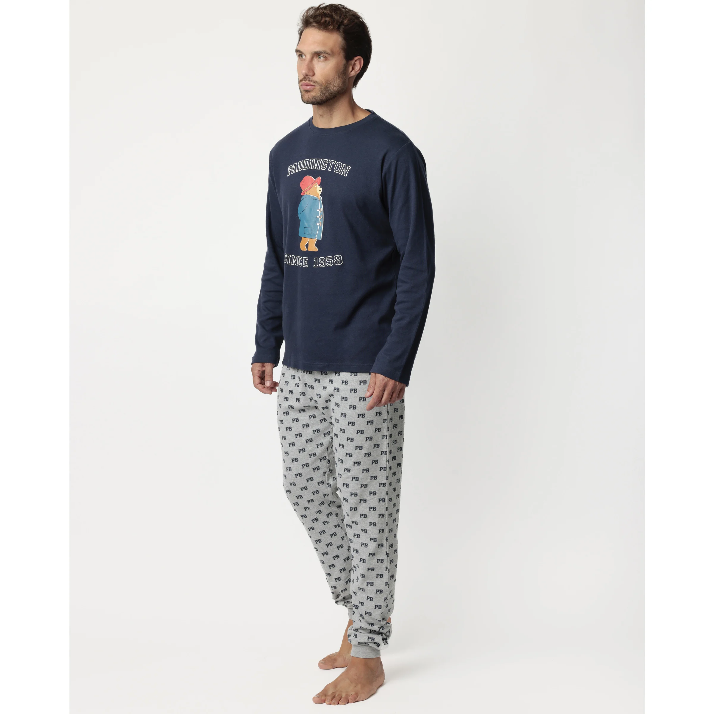 PADDINGTON Casual Silk & Cotton Varsity Print Pajama Set with Logo Long Knitted Fabric XL Size for Men and Women