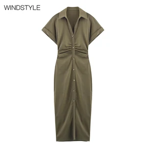 Women's Casual 100% Cotton Denim Dress Pleated Waist Short-Sleeve Knee-Length Woven Breathable Solid Autumn Spring Summer Slits