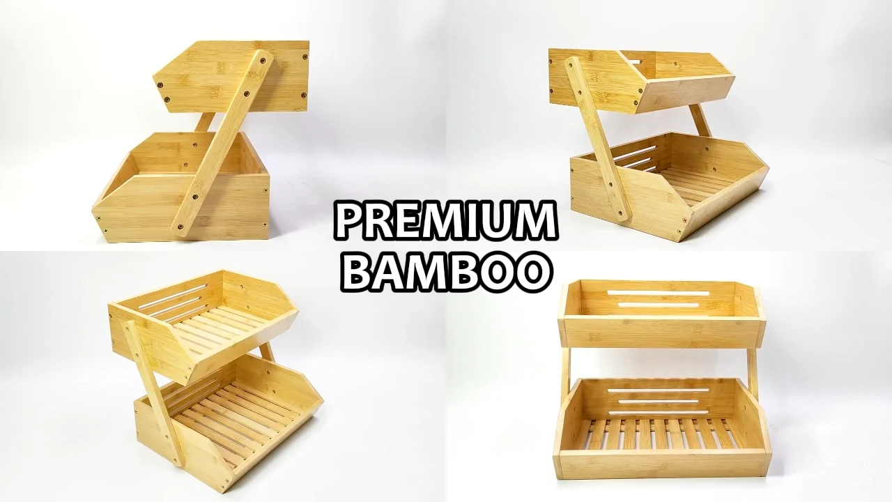 2 Tier Bamboo Stackable Storage Bins,Bamboo Fruit Basket Large Capacity ...