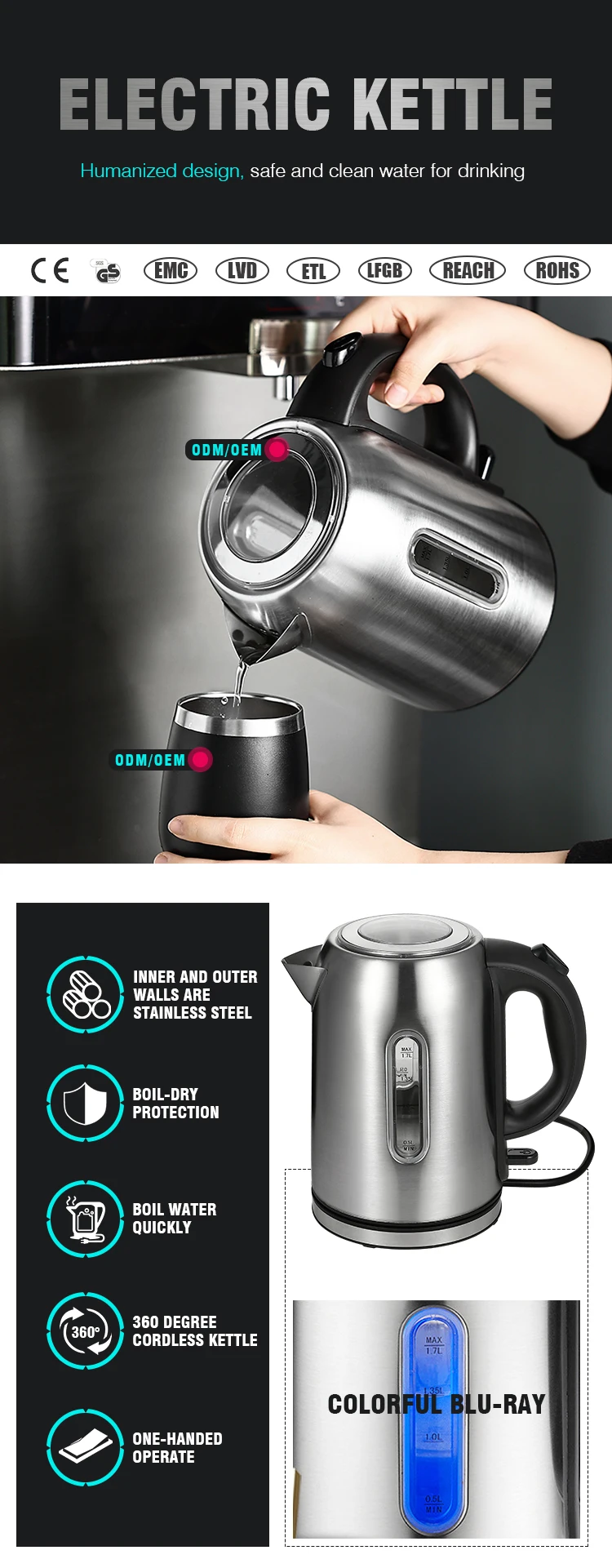 1.7l Stainless Steel Electric Kettles Coffee Kettles Strix Temperature