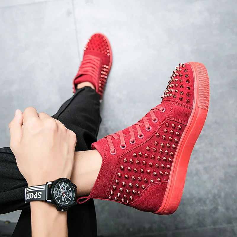 Luxury rivet flat men shoes designer sneakers spikes black red thick bottom  high tops punk men Casual shoes gold rivet boots