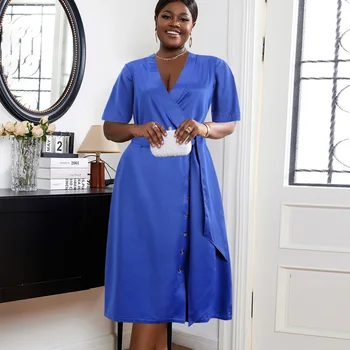 Short Sleeves Elegant Button Waist Belt Women Blue Shirt Casual Dress