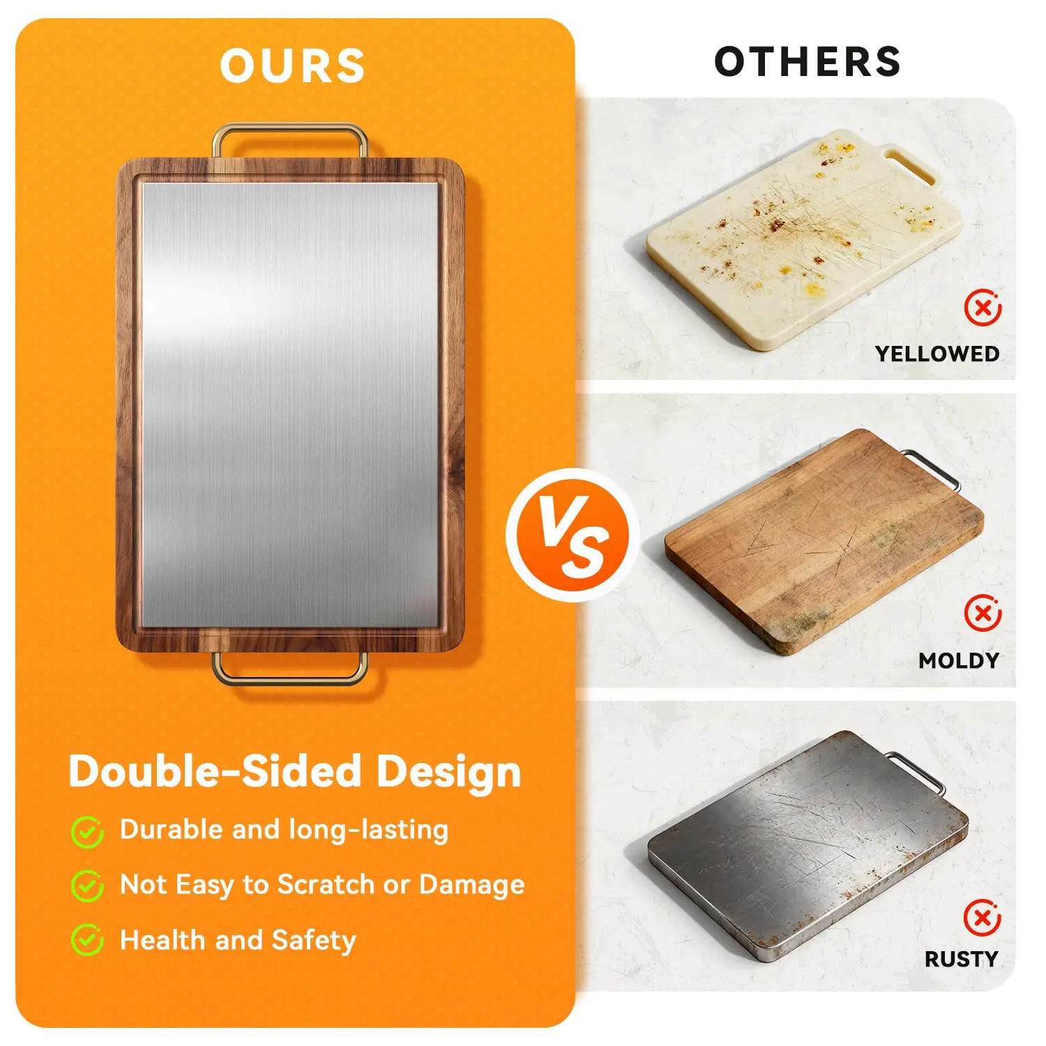 product custom double sided acacia wood cutting board with stainless steel kitchen chopping block with juice groove handle-5