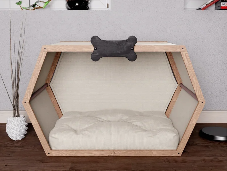 Natural Wooden Pet Furniture Solid Spruce Wood Dog House With Bed Pet