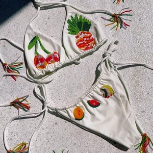 Bikini Manufacturer Customized Embroidered Swimsuit Lace-up Bikini Popular Sexy Triangle Backless Bikinis&beachwear for Women