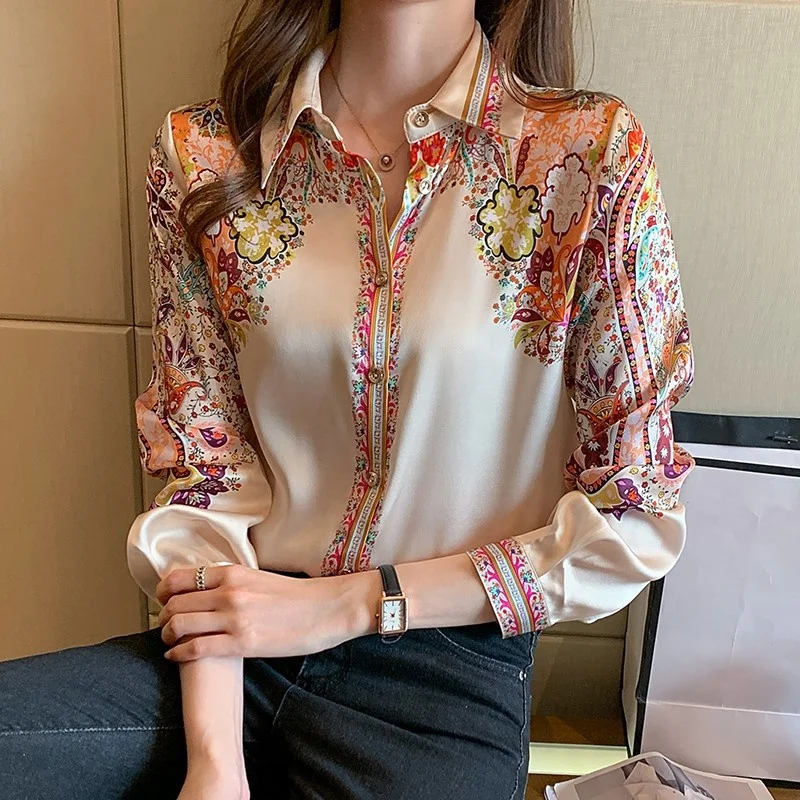 moda flor impressão senhoras chiffon camisas blusas escritório das mulheres  2022 primavera outono manga comprida camisas casuais tops blusas mujer