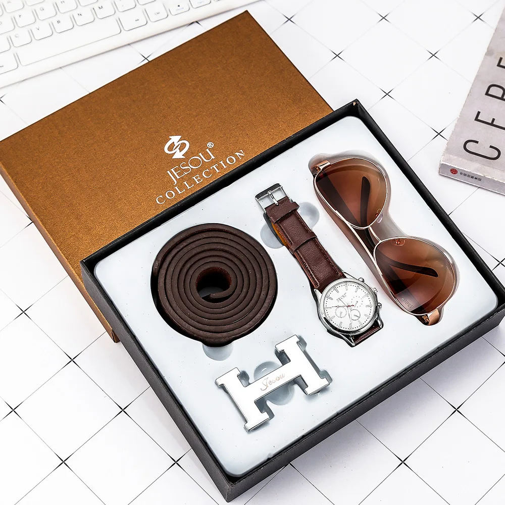 Luxury Watch Set for Men Sunglasses Wallet Belt Key Chain Quartz Wristwatch Gift Set for Husband Dad Boyfriend Roman Present