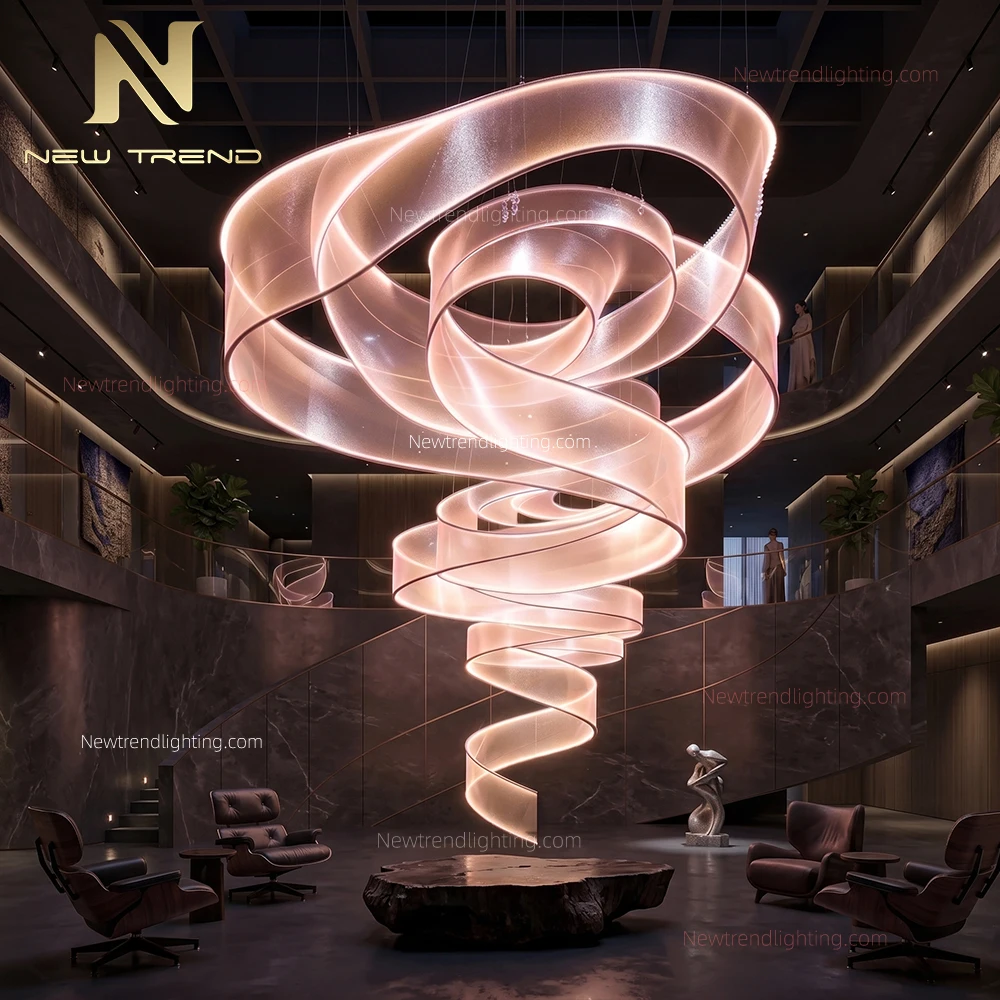 CPL-524 Custom Flowing Ribbon LED Chandelier: Oversized Sculptural Statement Lighting Manufacturer for Luxury Hotel Lobbies