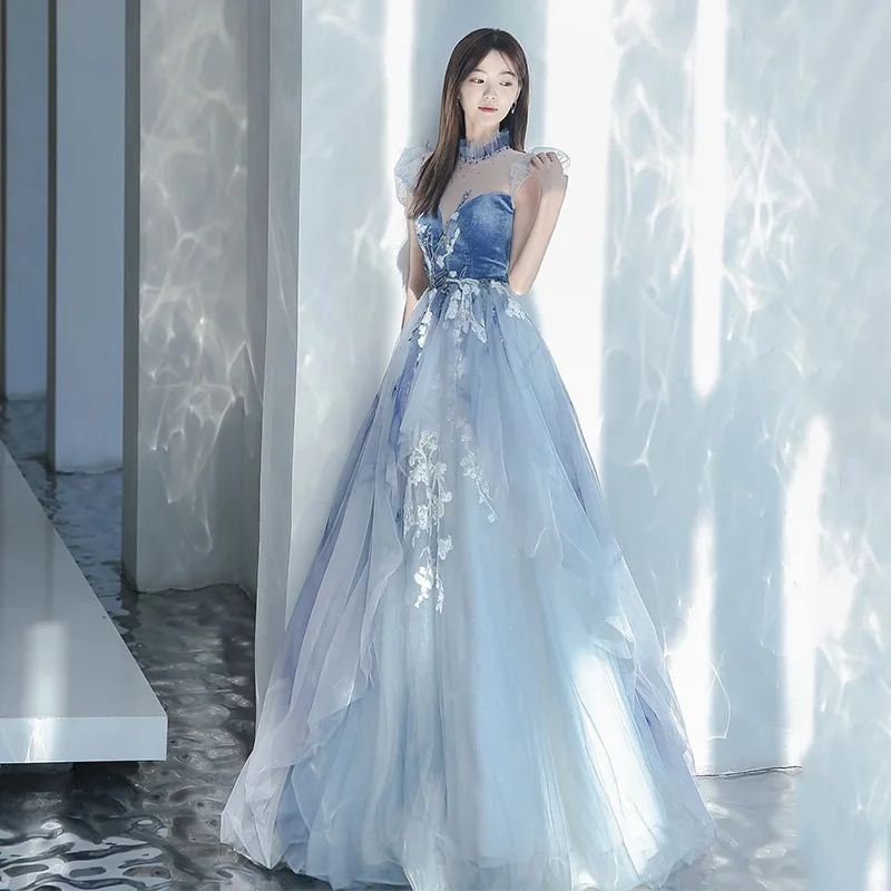 S1751R 2025 Summer New Style Celebrity Party Long Dress Adult Ceremony Blue  Temperament Fashion Princess Wedding Dress