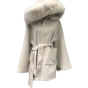 Winter Slim Fit Jacket Cashmere Blend Wool Coat With Real Fox Fur Collar