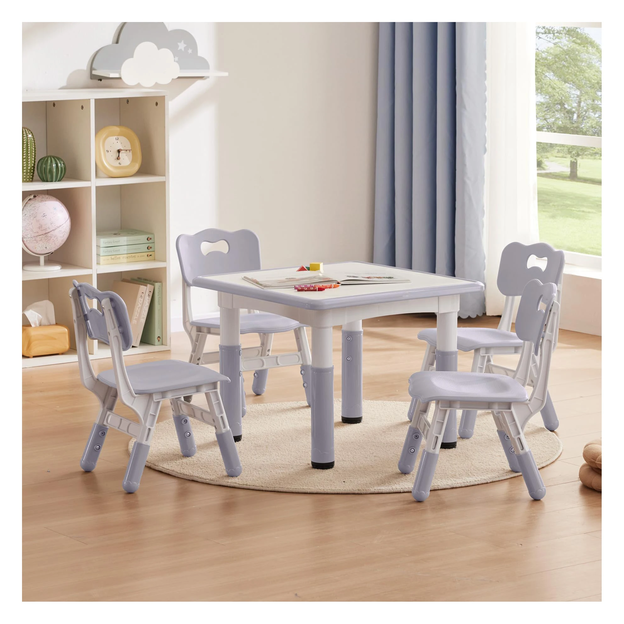 60*60cm Wood Plastic Table and Chair Set,Kids Daycare Furniture Graffiti Study Desk Adjustable Height 1 Table and 4 Chairs