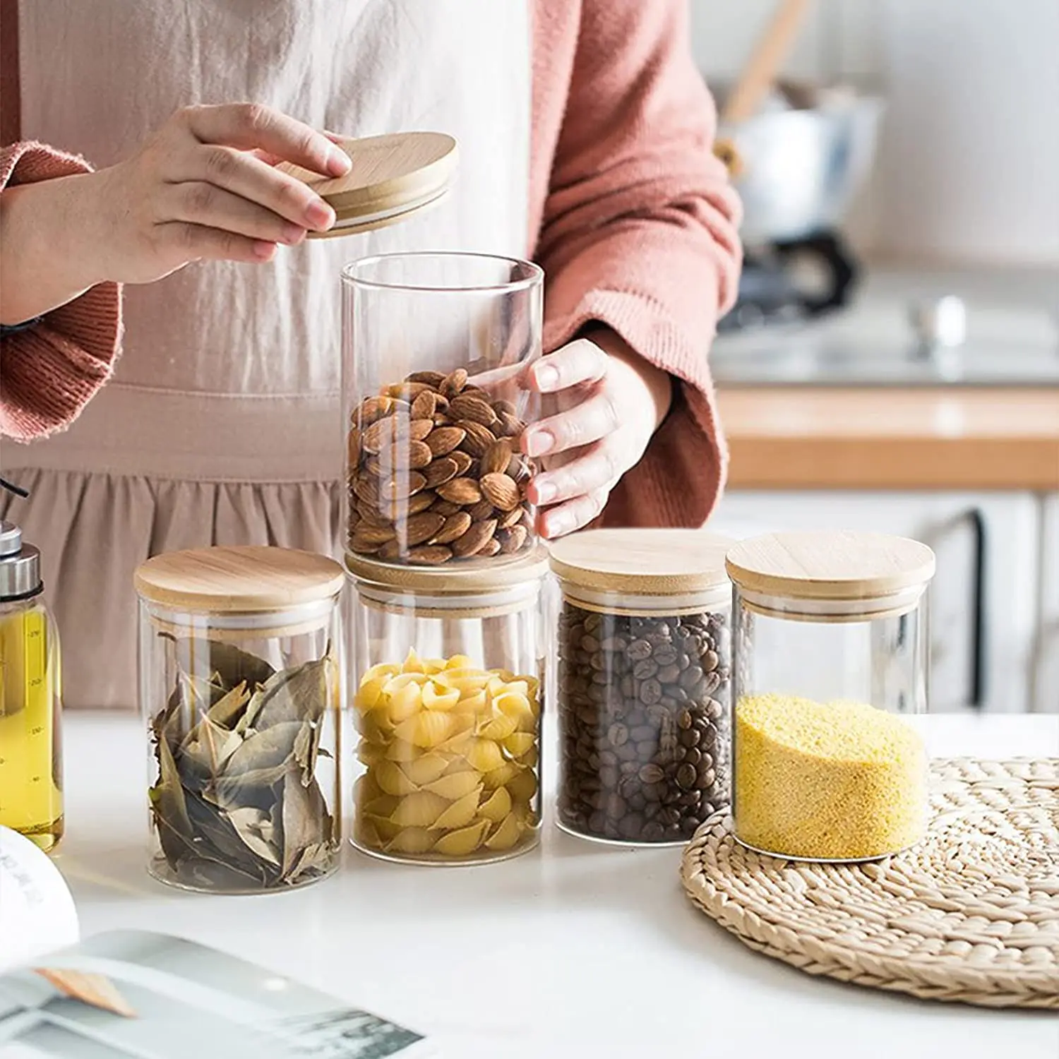 Handmade Handblown Glass Storage high quality Kitchen Container, Wood and Glass Container, Decoration Piece