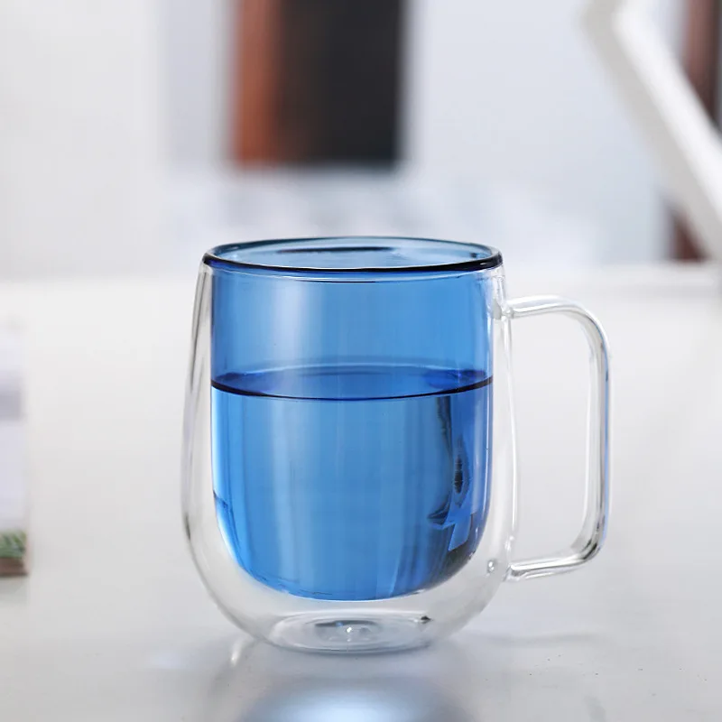 350ml hot selling high borosilicate glass double wall glass cups with colorful handle