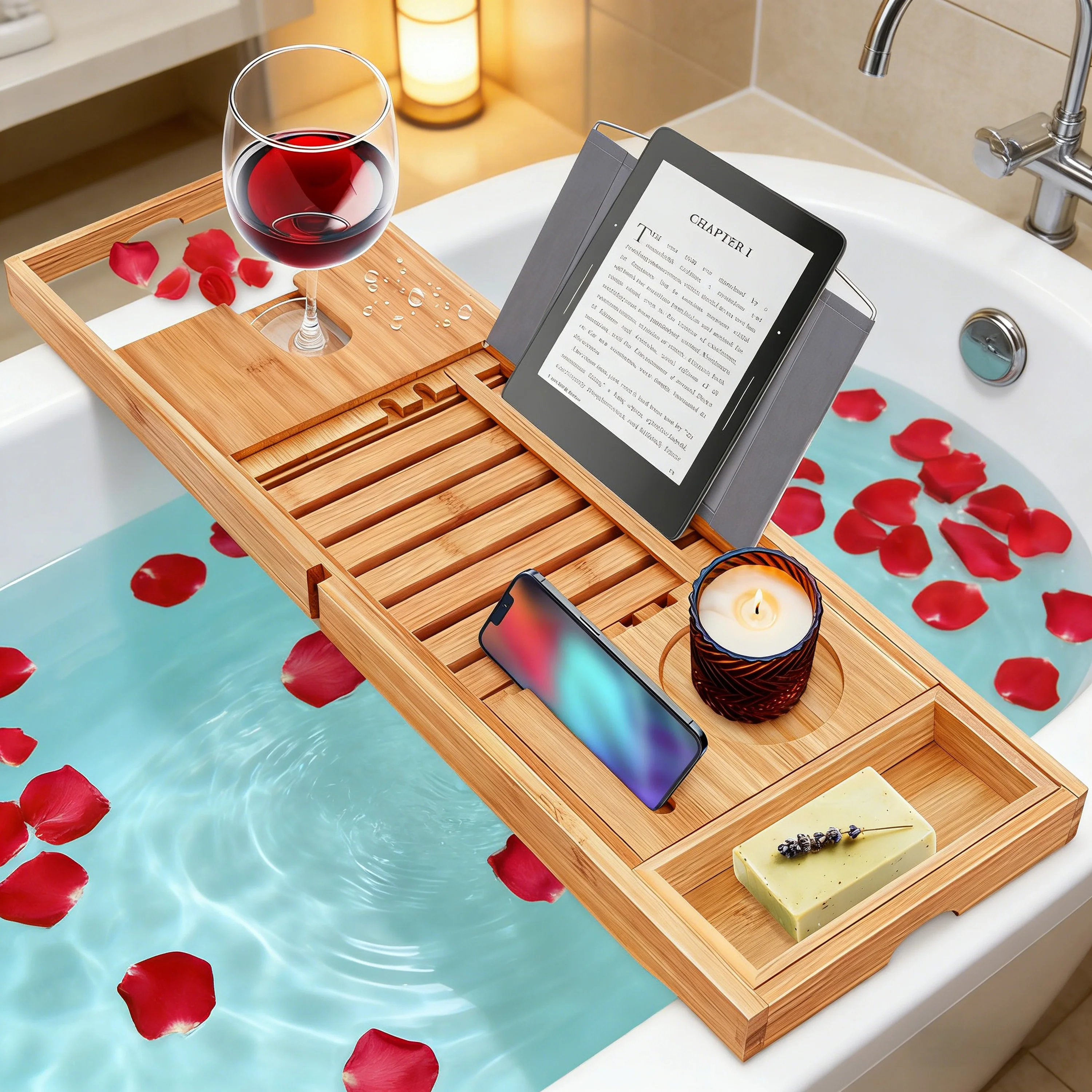 Luxury Bamboo Bathtub Caddy Tray Extendable Bath Tub Organizer Bathtub Tray Wine Glass Holder Bathroom Accessories
