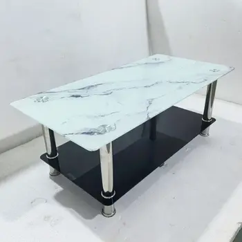Modern Double-Layer Glass Coffee Table Wholesale Tea and Office Sofa Side Table Tempered Glass Marble Pattern Coffee Table