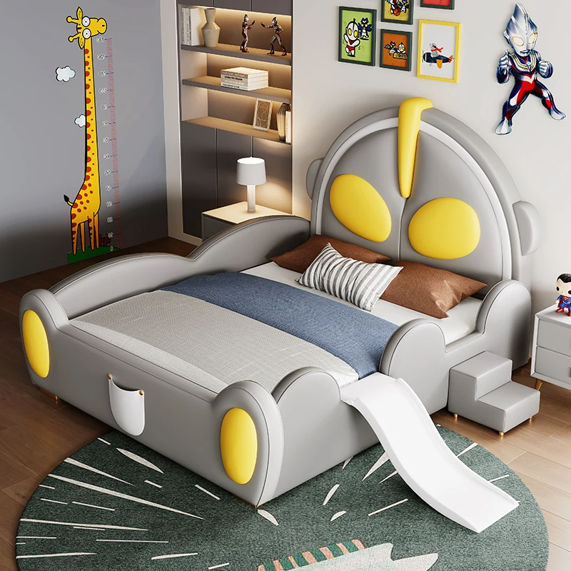 Ultraman Style Bed Solid Wood with Guardrail Soft Cover Headboard Slide Cartoon Castle Boy Leather Bed
