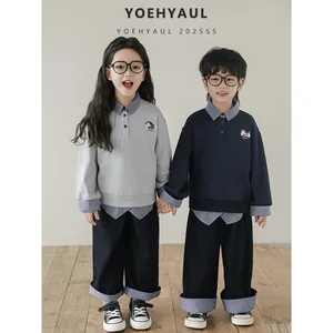 YOEHYAUL GQ4337 Unisex Autumn Long-sleeved Sweatshirt Clothing Set Puppy Embroidery Lapel Sweatshirt Jeans Trousers Set for Kids