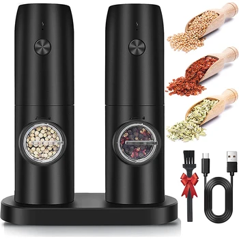 Electric Salt and Pepper Grinder Set with USB Rechargeable Base Refillable electric salt and pepper mill with LED light 2 PACK