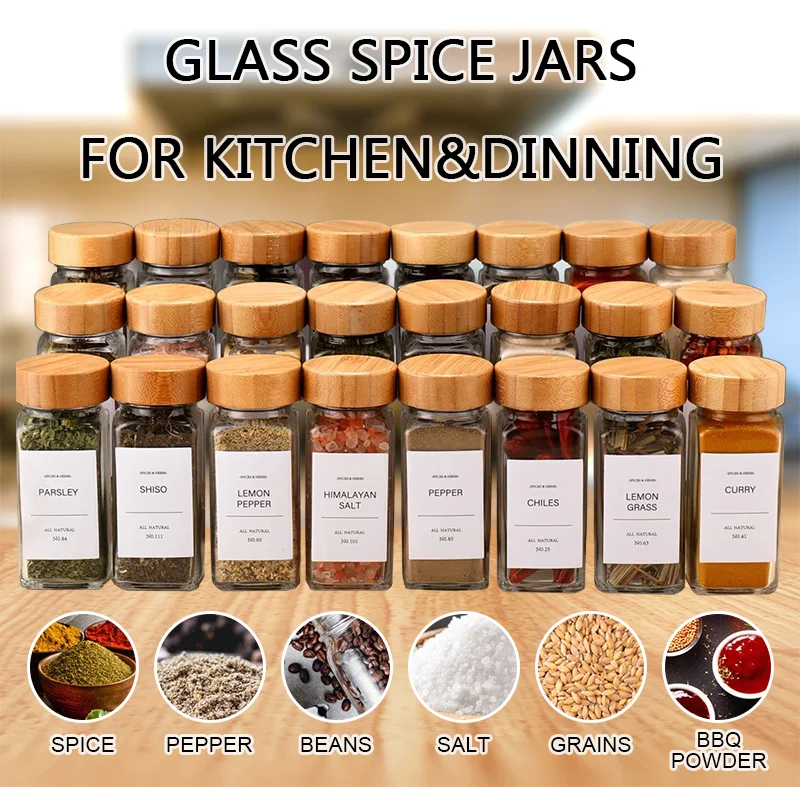 Spice Jars With Labels 4 Oz Glass Spice Jars With Bamboo Lids Seasoning ...