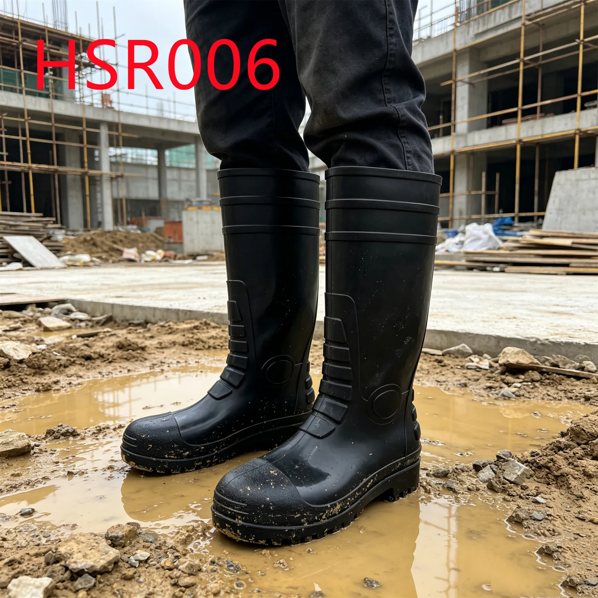HY,Construction Site Steel Toe Insert SRC Standard Hua Singh Gumboots PVC Integral Molding Black/yellow/white Rubber BootsHSR006